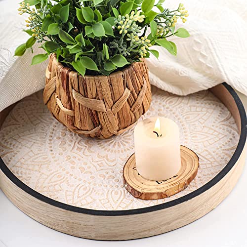 Round Wood Tray for Decor, Rustic Decorative Serving Tray, Kitchen Table Centerpieces, Floral Ottoman Tray for Kitchen Counter, Wooden Bathroom Tray, Farmhouse Centerpiece for Coffee Table