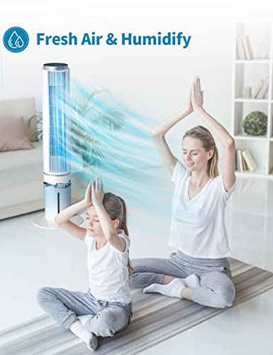 Evaporative Air Cooler - HiFresh 42-In Bladeless Tower Fan w/4 Ice Packs & Water Tank, 3 Speeds & Cooling Mode 600CFM Swamp Cooler, 70°Oscillation, 12-H Timer Remote Control for Large Room/Home/Office