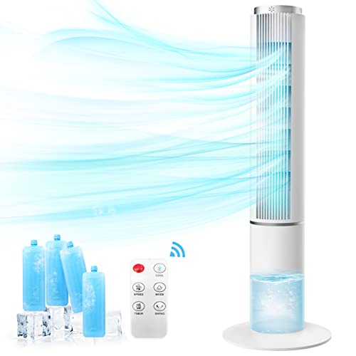 Evaporative Air Cooler - HiFresh 42-In Bladeless Tower Fan w/4 Ice Packs & Water Tank, 3 Speeds & Cooling Mode 600CFM Swamp Cooler, 70°Oscillation, 12-H Timer Remote Control for Large Room/Home/Office