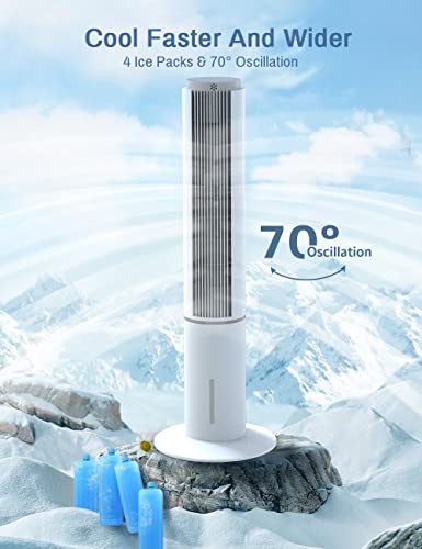 Evaporative Air Cooler - HiFresh 42-In Bladeless Tower Fan w/4 Ice Packs & Water Tank, 3 Speeds & Cooling Mode 600CFM Swamp Cooler, 70°Oscillation, 12-H Timer Remote Control for Large Room/Home/Office