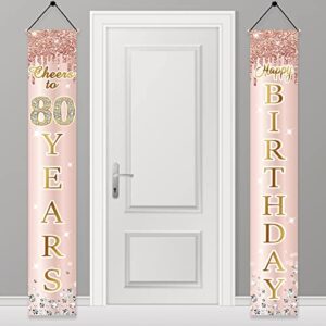 80th birthday decorations door banner for women, pink rose gold cheers to 80 years birthday backdrop sign party supplies, happy eighty birthday porch decor for outdoor indoor