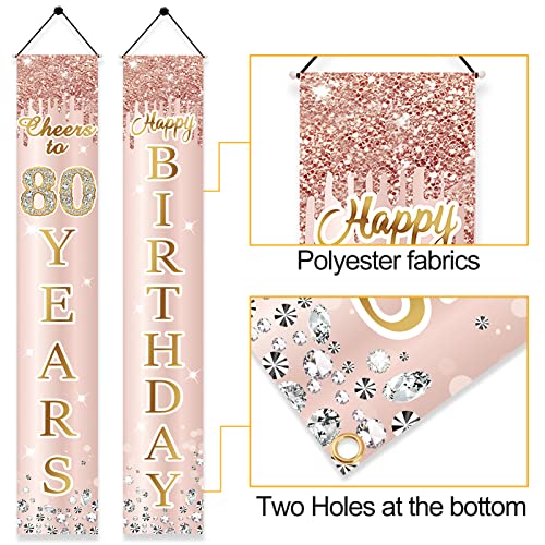80th Birthday Decorations Door Banner for Women, Pink Rose Gold Cheers to 80 Years Birthday Backdrop Sign Party Supplies, Happy Eighty Birthday Porch Decor for Outdoor Indoor