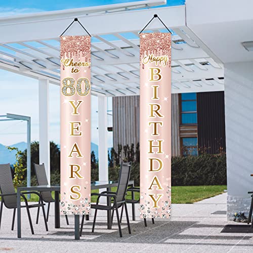 80th Birthday Decorations Door Banner for Women, Pink Rose Gold Cheers to 80 Years Birthday Backdrop Sign Party Supplies, Happy Eighty Birthday Porch Decor for Outdoor Indoor