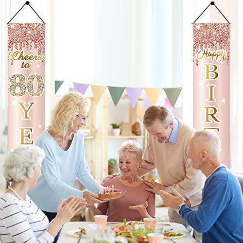 80th Birthday Decorations Door Banner for Women, Pink Rose Gold Cheers to 80 Years Birthday Backdrop Sign Party Supplies, Happy Eighty Birthday Porch Decor for Outdoor Indoor