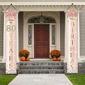 80th Birthday Decorations Door Banner for Women, Pink Rose Gold Cheers to 80 Years Birthday Backdrop Sign Party Supplies, Happy Eighty Birthday Porch Decor for Outdoor Indoor