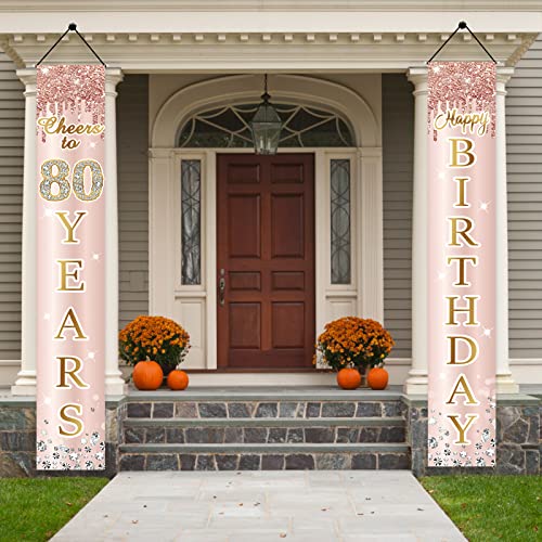 80th Birthday Decorations Door Banner for Women, Pink Rose Gold Cheers to 80 Years Birthday Backdrop Sign Party Supplies, Happy Eighty Birthday Porch Decor for Outdoor Indoor