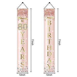 80th Birthday Decorations Door Banner for Women, Pink Rose Gold Cheers to 80 Years Birthday Backdrop Sign Party Supplies, Happy Eighty Birthday Porch Decor for Outdoor Indoor