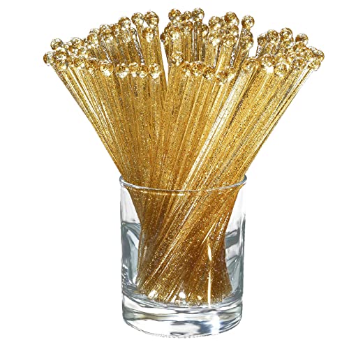 Ball Head Stirrer Disposible Plastic Round Top Crystal Swizzle Sticks ，Crystal Cake Pops, Cocktail Coffee Drink Stirrers 100 Pieces (Clear Gold Glitter)