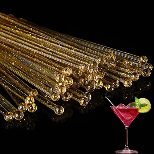 Ball Head Stirrer Disposible Plastic Round Top Crystal Swizzle Sticks ，Crystal Cake Pops, Cocktail Coffee Drink Stirrers 100 Pieces (Clear Gold Glitter)