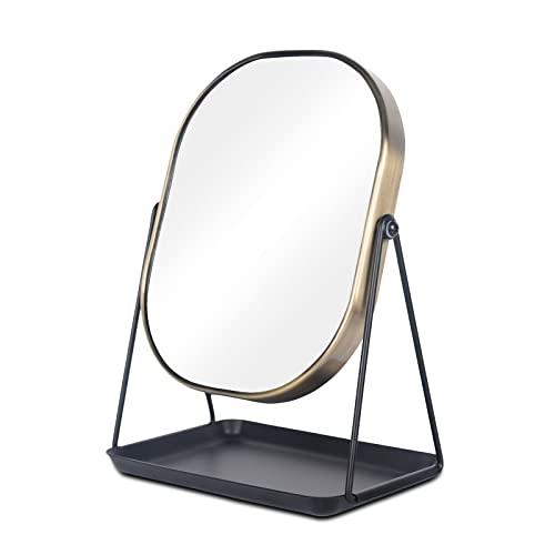 Nicesail Vanity Mirror with Tray Base- 1X/3X Magnification Double Sides, Brushed Antique Brass, Oval Cosmetic Mirror Tabletop