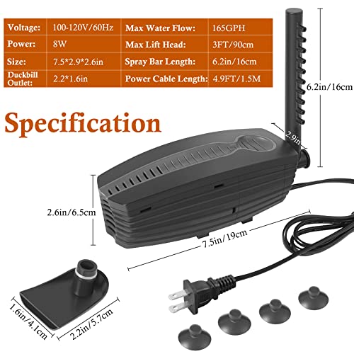 FEDOUR 165GPH Adjustable Aquarium Internal Filter, 8W Quiet Fish Tank Filter with Two Water Outlets, Submersible Filter Pump for 10-50 Gallon Fish and Turtle Tank