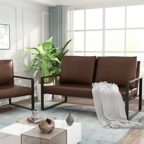 AWQM Mid-Century Loveseat Sofa, Upholstered Faux Leather Loveseat 2-Seat Small Sofa Couch Metal Accent Chair with Extra-Thick Padded Seat & Backrest Love Seat for Living Room, Small Spaces - Brown