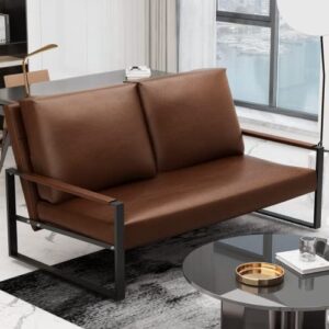 AWQM Mid-Century Loveseat Sofa, Upholstered Faux Leather Loveseat 2-Seat Small Sofa Couch Metal Accent Chair with Extra-Thick Padded Seat & Backrest Love Seat for Living Room, Small Spaces - Brown