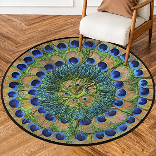 Peacock Feather Area Rugs Washable Indoor, Animal Mandala Round Rug Non-Slip Circle Rug Modern Round Area Rug for Living Room, Bedroom, Dining Room (3' Diameter)