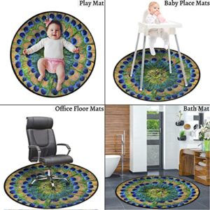 Peacock Feather Area Rugs Washable Indoor, Animal Mandala Round Rug Non-Slip Circle Rug Modern Round Area Rug for Living Room, Bedroom, Dining Room (3' Diameter)