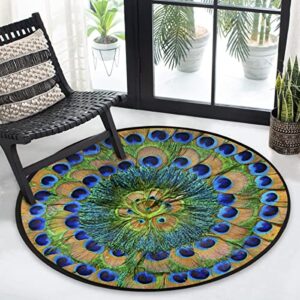 Peacock Feather Area Rugs Washable Indoor, Animal Mandala Round Rug Non-Slip Circle Rug Modern Round Area Rug for Living Room, Bedroom, Dining Room (3' Diameter)