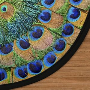 Peacock Feather Area Rugs Washable Indoor, Animal Mandala Round Rug Non-Slip Circle Rug Modern Round Area Rug for Living Room, Bedroom, Dining Room (3' Diameter)