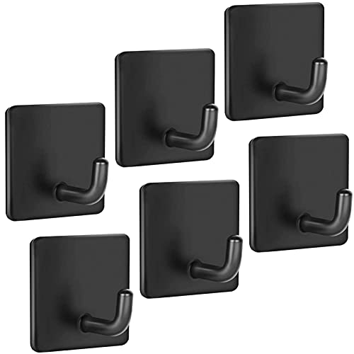 LuxLumin Towel Hooks, Wall Hooks for Hanging Towel, Shower Hooks Adhesive Hooks Heavy Duty Stainless Steel, Towel Hooks for Bathroom Coat Hooks 6 Pack Black