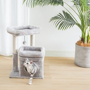 Pesofer Cat Tree, Small Cat Tower with Dangling Ball and Perch Light Gray