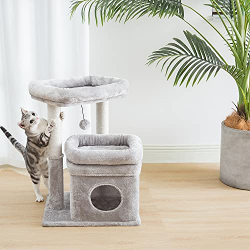 Pesofer Cat Tree, Small Cat Tower with Dangling Ball and Perch Light Gray