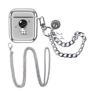 cute astronaut space for airpods case with keychain and necklace, soft tpu plated shockproof protective cover for women girls compatible with apple airpods 1&2
