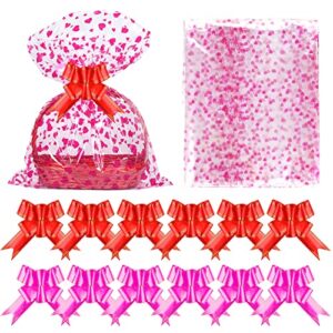 cieovo 20 pieces large valentine basket bags with 20 pieces bows ribbon 23 x 35 inch clear valentines day baskets empty bags heart printed cellophane wrap for gift baskets presents weddings