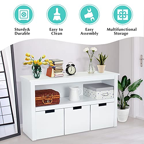 Kinsuite 3 Drawers Storage Cabinet with Hidden Wheels, Wooden Storage Organizer Unit with Large Storage Shelf, Multifunctional Floor Storage Chest for Living Room, Bedroom, Reading Room, Office, White