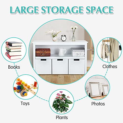 Kinsuite 3 Drawers Storage Cabinet with Hidden Wheels, Wooden Storage Organizer Unit with Large Storage Shelf, Multifunctional Floor Storage Chest for Living Room, Bedroom, Reading Room, Office, White