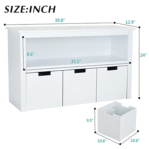 Kinsuite 3 Drawers Storage Cabinet with Hidden Wheels, Wooden Storage Organizer Unit with Large Storage Shelf, Multifunctional Floor Storage Chest for Living Room, Bedroom, Reading Room, Office, White