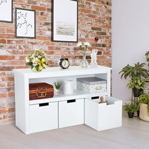 Kinsuite 3 Drawers Storage Cabinet with Hidden Wheels, Wooden Storage Organizer Unit with Large Storage Shelf, Multifunctional Floor Storage Chest for Living Room, Bedroom, Reading Room, Office, White