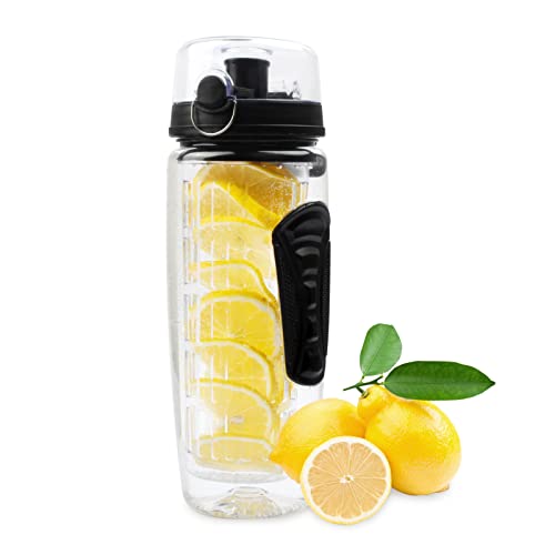 Sihuuu 32 oz Fruit Infuser Water Bottle,Sports Bottle, LeakProof,BPA Free,Drinking Water Bottle for Home, travel,office(Black,960 ML)