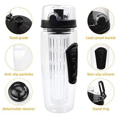 Sihuuu 32 oz Fruit Infuser Water Bottle,Sports Bottle, LeakProof,BPA Free,Drinking Water Bottle for Home, travel,office(Black,960 ML)