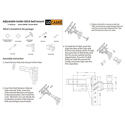 LOCAME Adjustable Trailer Hitch, Tri-Ball (1-7/8", 2", 2-5/16"), Fits 2-Inch Receiver, 6 Inch Drop/Rise Drop Hitch,15000 LBS GTW-Tow Hitch for Heavy Duty Truck, Solid Ball Mount, LC0020