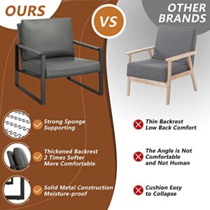 AWQM Modern PU Leather Accent Chair Arm Chair with Extra-Thick Padded Backrest and Seat Cushion Sofa Chairs for Living Room Bedroom, 105 Degree Slant Back, Non-Slip Adsorption Feet, Grey