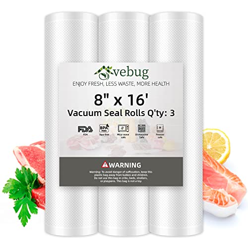 VEBUG Vacuum Sealer Bags, 3 Pack 8’’x16’Vacuum Sealer Bags Rolls, Seal a Meal, Commercial Grade, BPA-Free, Food Vac Bags for Storage, Meal Prep or Sous Vide