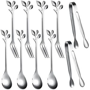 leaf coffee spoons, mini serving tongs and appetizer forks stainless steel sugar cube tongs dessert spoons metal dinner forks for dessert coffee tea (10, silver)