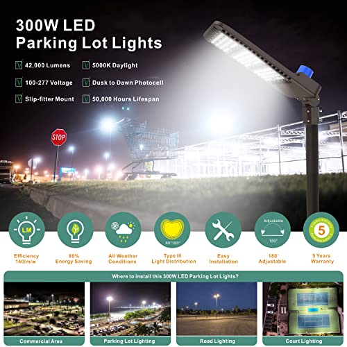 Ecledmall Parking lot Lights 300W, led Parking lot Light with Dusk to Dawn photocell 1000W HID/HPS Equivalent,IP65 Waterproof Outdoor led Area Light Slip Fitter mounting 5000K 42000LM