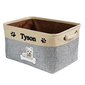 Personalized Dog Maltese Bone Decorative Storage Basket Fabric Durable Rectangle Toy Box with 2 Handles for Organizing Closet Garage Clothes Blankets Grey and White