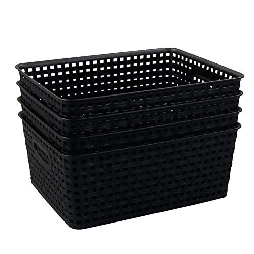 Obstnny Plastic Pantry Storage Basket, Organzing Basket Bin, Black, 4 Pack