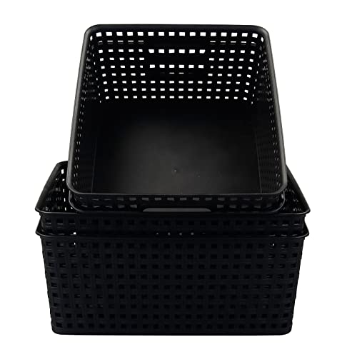 Obstnny Plastic Pantry Storage Basket, Organzing Basket Bin, Black, 4 Pack