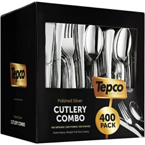 400 plastic silver cutlery set - disposable silverware set - flatware set - 200 forks - 100 spoons - 100 knives - heavy duty - party bulk