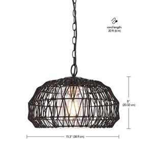 Novogratz x Globe 44759 1-Light Outdoor Plug-in Pendant Light, Black Woven Fabric Shade, Matte Black, Designer Black Fabric Hanging Cord, Kitchen Island, Cafe, Ceiling Light, Bulb Not Included