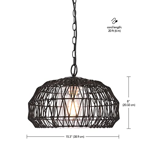 Novogratz x Globe 44759 1-Light Outdoor Plug-in Pendant Light, Black Woven Fabric Shade, Matte Black, Designer Black Fabric Hanging Cord, Kitchen Island, Cafe, Ceiling Light, Bulb Not Included