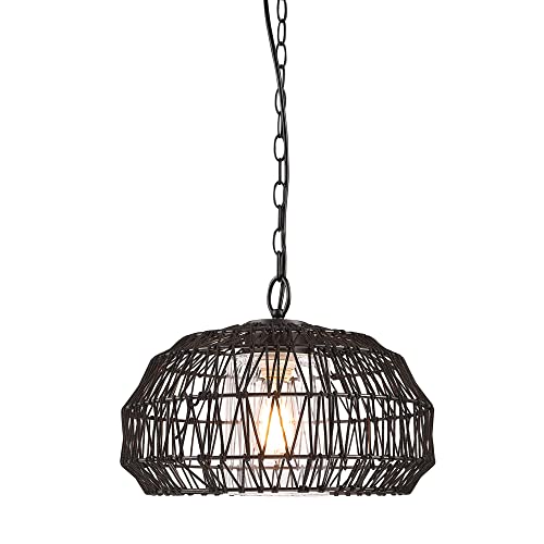 Novogratz x Globe 44759 1-Light Outdoor Plug-in Pendant Light, Black Woven Fabric Shade, Matte Black, Designer Black Fabric Hanging Cord, Kitchen Island, Cafe, Ceiling Light, Bulb Not Included