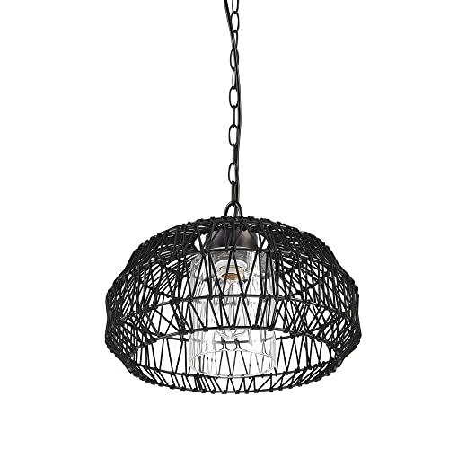 Novogratz x Globe 44759 1-Light Outdoor Plug-in Pendant Light, Black Woven Fabric Shade, Matte Black, Designer Black Fabric Hanging Cord, Kitchen Island, Cafe, Ceiling Light, Bulb Not Included