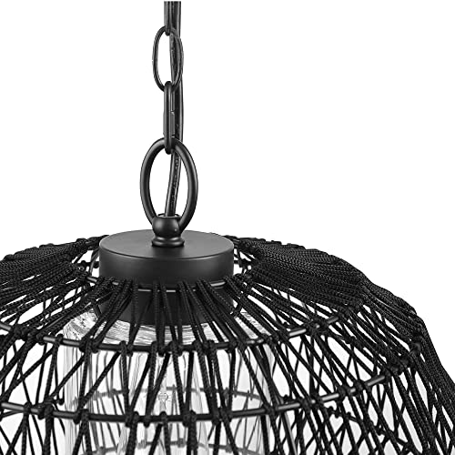 Novogratz x Globe 44759 1-Light Outdoor Plug-in Pendant Light, Black Woven Fabric Shade, Matte Black, Designer Black Fabric Hanging Cord, Kitchen Island, Cafe, Ceiling Light, Bulb Not Included