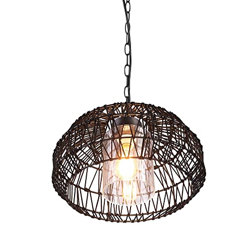 Novogratz x Globe 44759 1-Light Outdoor Plug-in Pendant Light, Black Woven Fabric Shade, Matte Black, Designer Black Fabric Hanging Cord, Kitchen Island, Cafe, Ceiling Light, Bulb Not Included