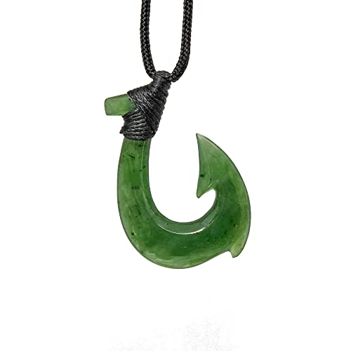 Earthbound Pacific Greenstone Jade Stylized Hawaiian Fish Hook Necklace, Green (QZFH141b)