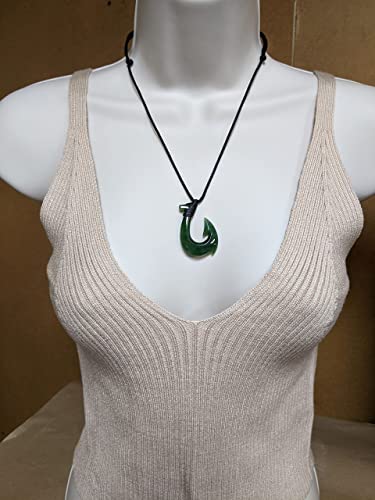 Earthbound Pacific Greenstone Jade Stylized Hawaiian Fish Hook Necklace, Green (QZFH141b)