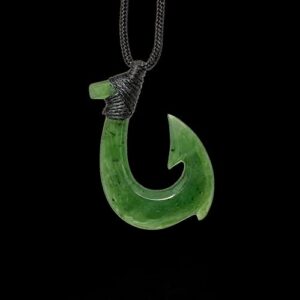 Earthbound Pacific Greenstone Jade Stylized Hawaiian Fish Hook Necklace, Green (QZFH141b)